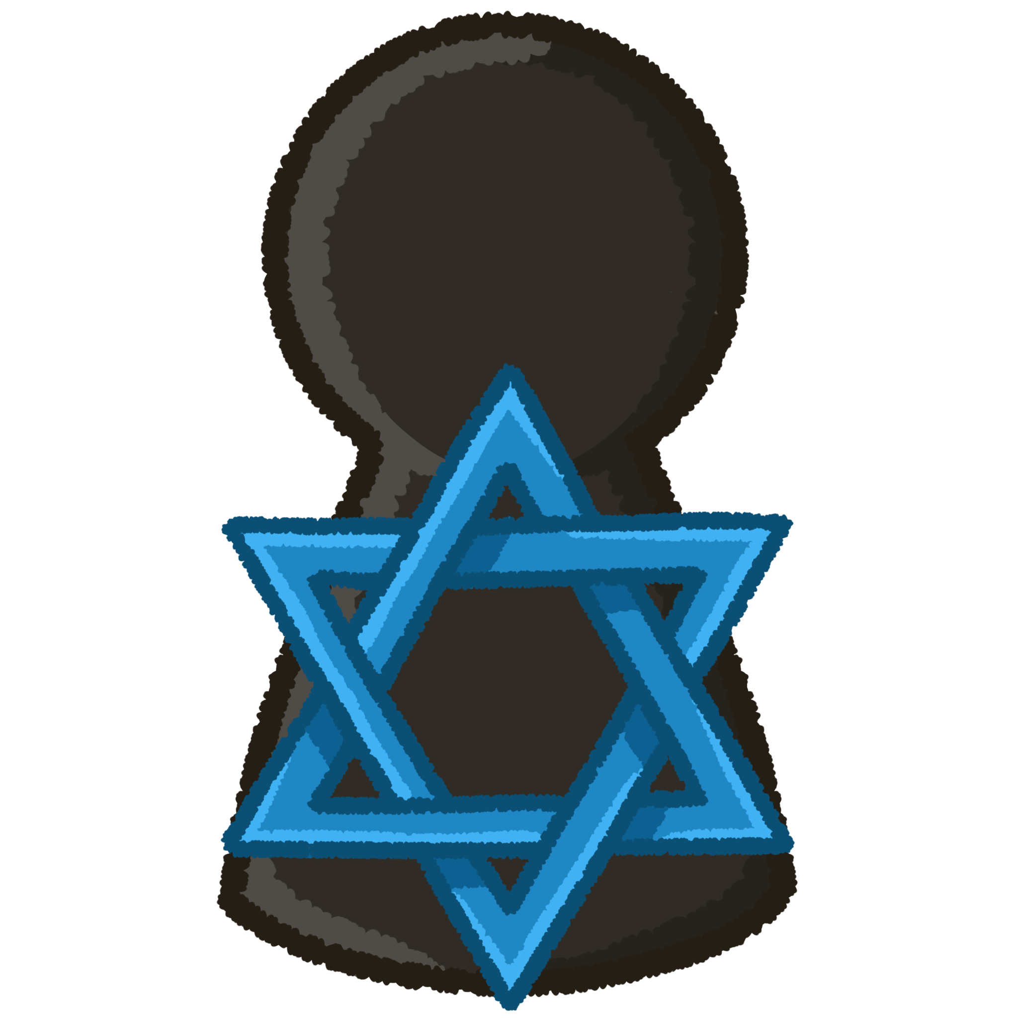  a black humanoid blob with a blue magen david in front of them